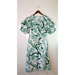 Johanna Ortiz x H&M Womens Linen Blend Midi Dress Sz L Green White Floral Beachy